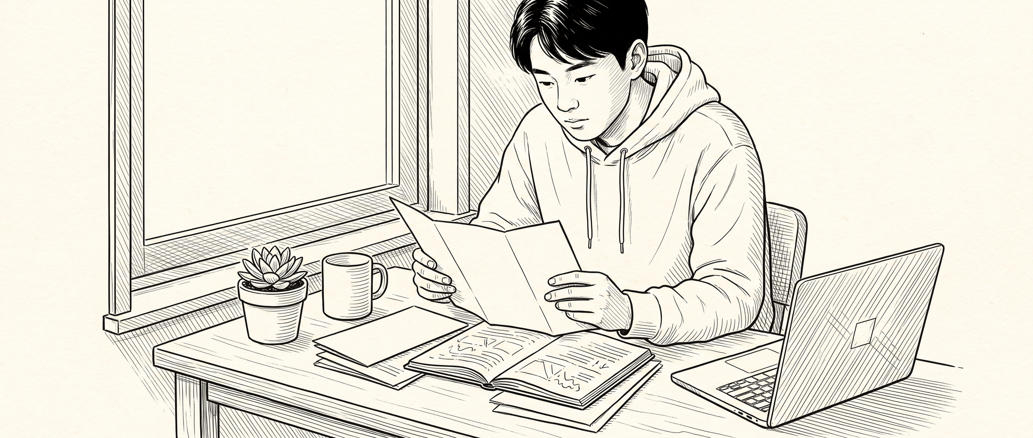 졸업을 앞둔 미술 전공생이 책상에 여러 진로 안내 자료를 펼쳐 놓고 들여다보는 모습