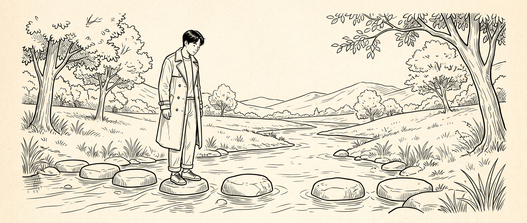개울 징검다리 앞에 선 사람 — 다음 디딤돌이 반걸음 멀리 있다