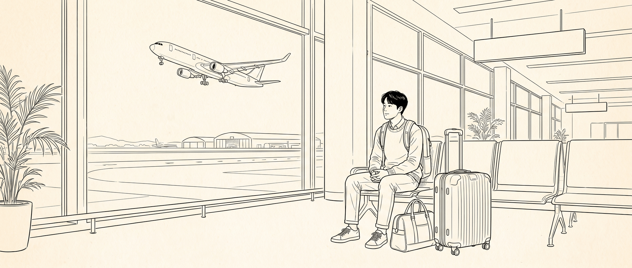 공항 대합실 창가에서 캐리어를 곁에 두고 활주로를 바라보는 사람