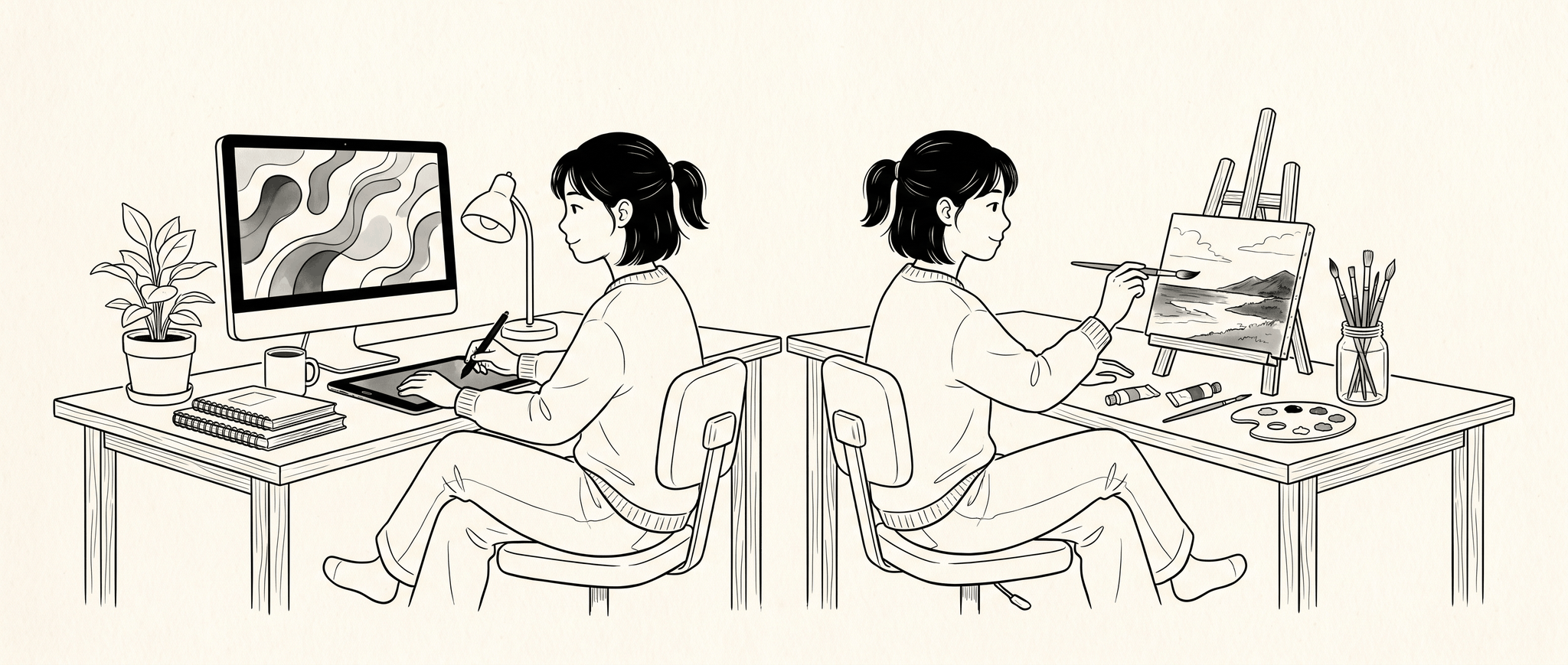 모니터와 실물 그림 사이에서 일하는 사람 — 도구와 실물의 공존